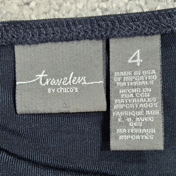 Chico's Travelers Dark Navy Blue Slinky Knit Pleated Scoop Neck Blouse Stretch - Picture 7 of 8